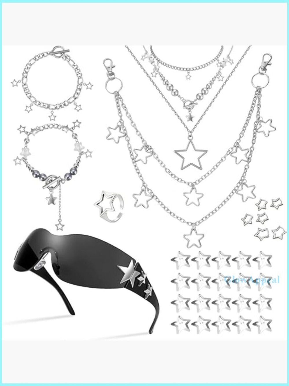 Y2K Grunge Jewelry Set with Sunglasses Necklace Bracelets Ring Earrings